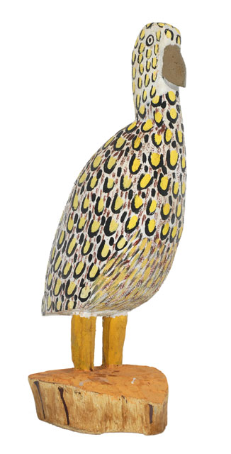 Carved Wooden BirdThis beautifully detailed work has been hand carved from the wood of the local native Bean Tree. The artist