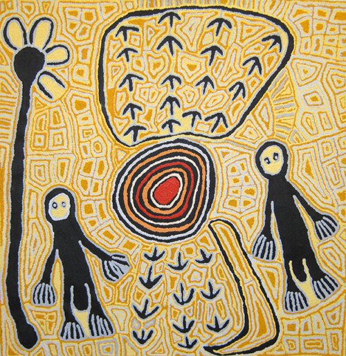 Emu Men at WalukurritjeThis painting tells the story of the Dreamtime