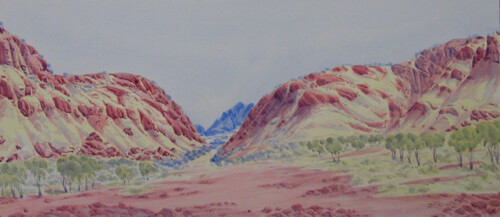 James Range West Marinie Loop Road NTHubert has been painting watercolours since he was a young boy. He was inspired by his father Reuben Pareroultja