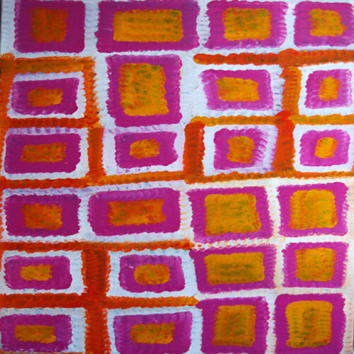 My Country - Wallaby TracksThis beautiful painting is the story of Pacinta Turner's country.  The wallabies are moving toward the high country at night.  The square areas represnet my country and the parallel areas are the tracks.  This story was first painted by the late Emily Kngwarreye and Kudditji Kngwarreye