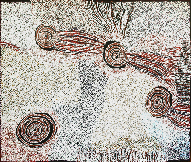 Rockholes near the OlgasBill Whiskey Tjapaltjarriâ€™s paintings deal almost exclusively with the ancestral white cockatoo dreaming story of his birthplace