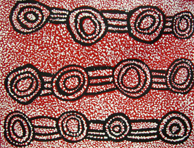 TingariThis painting depicts the sacred Menâ€™s dreaming story of Tingari cycle. The circles represent specific sacred sites located in his ancestral country. The Mens Dreaming story shows the early journey paths of the Tingari Ancestors.