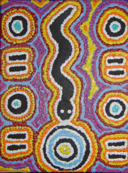 Warna Jukurrpa (Snake Dreaming)This has been painted by a 9 year old Valentine Nakamarra White at Yuendemu art centre.  The children from the area go to the centre on the school holidays to learn more about their Dreaming from their parents as well as earn some pocket money.  To see more children's paintings go to Making Tracks site.