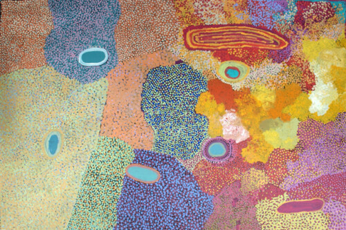 Waterholes and HomelandsThis painting was created at Wangkatjungka Community during August 2009. Seven artists worked on the canvas