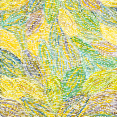 WildflowersThe morass of Wild Flowers produced after desert rains are the source of Lucky Kngwarreye Morton's inspiration. In this painting she uses a pastel pallette of oversized surreal petals under rippled lines of white using the gutta instrument.